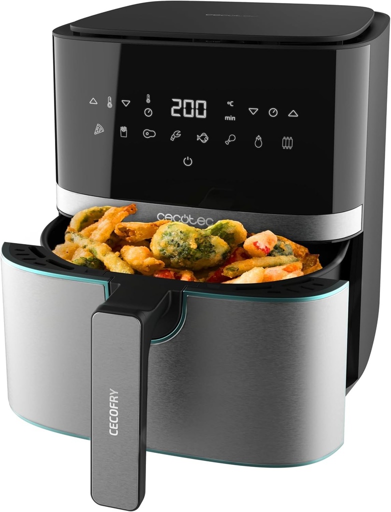 Friteuza cu aer cald Cecotec 5,5 L Cecofry Full Inox 5500 Pro. 1700 W, compacta si digitala, friteuza dietetica, otel inoxidabil, fara ulei, tehnologie PerfectCook, termostat, 8 moduri