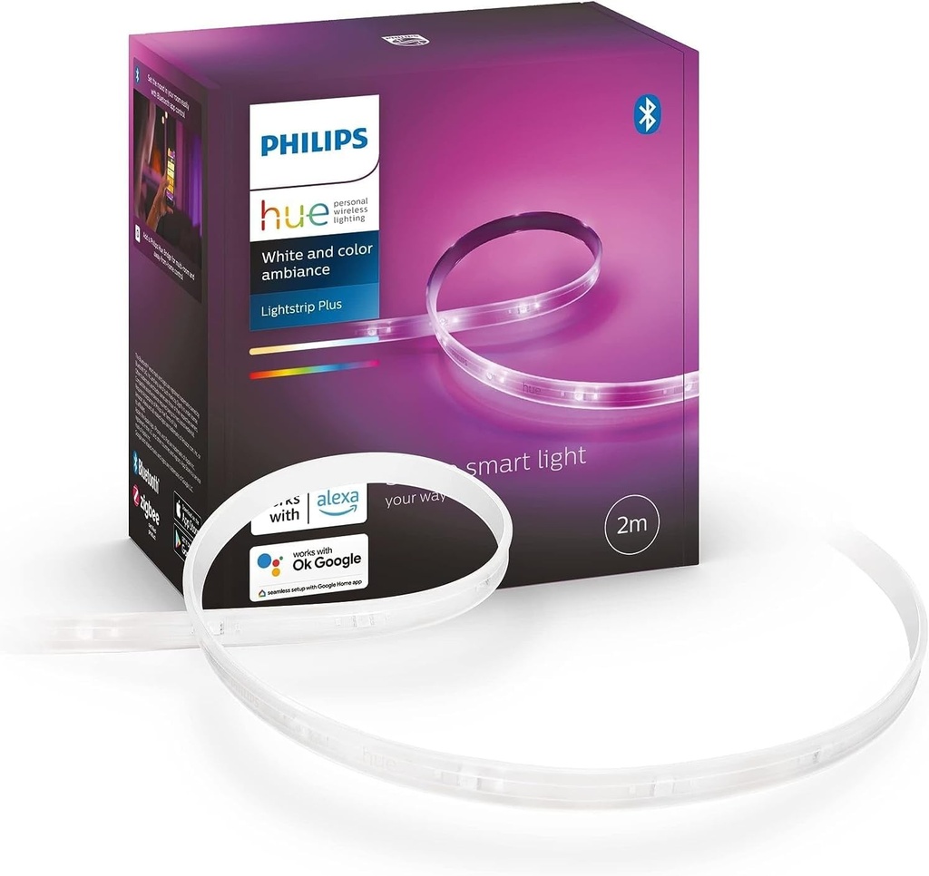Set de baza Philips Hue White & Color Ambiance Lightstrip Plus V4 (2 m), banda LED reglabila pentru sistemul de iluminat Hue cu 16 milioane de culori, control inteligent al luminii prin voce sau aplicatie