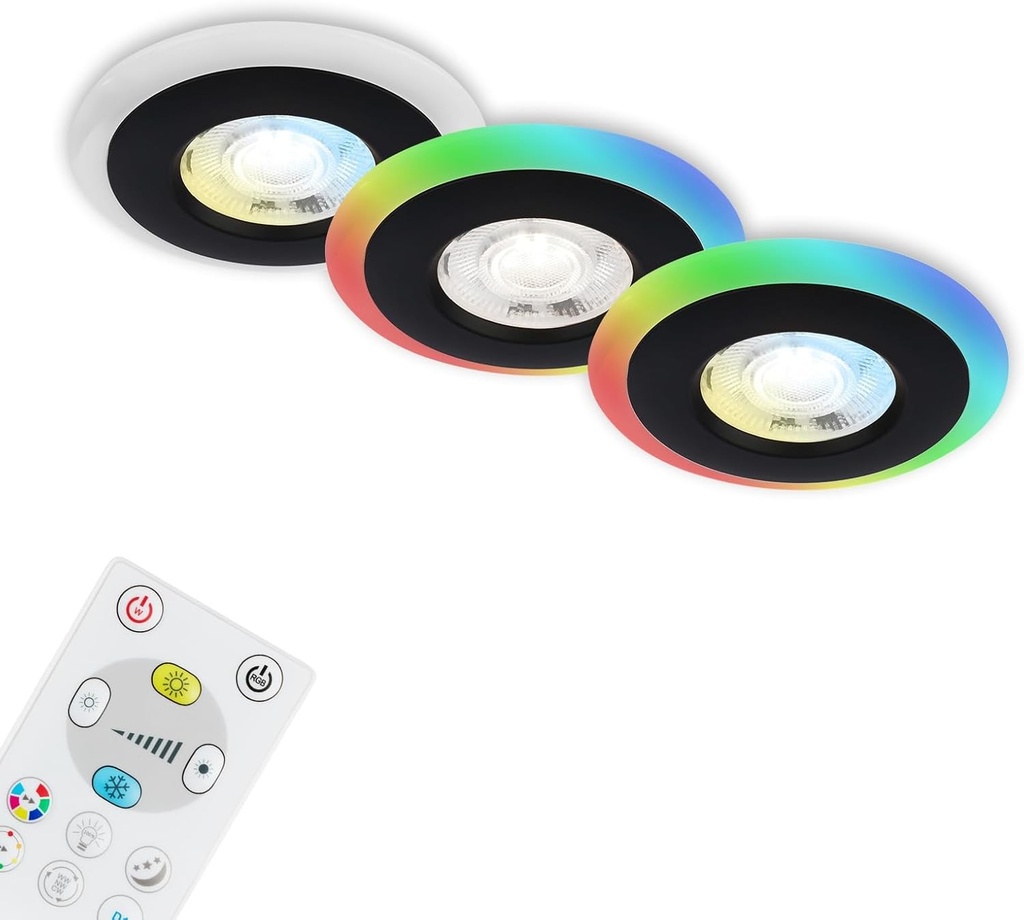 BRILONER - Set de 3 spoturi LED incastrate in tavan, inel LED RGB CCT, spoturi LED plate incastrate, spot incastrat pentru baie, IP44, negru, 84x34 mm (AxI)