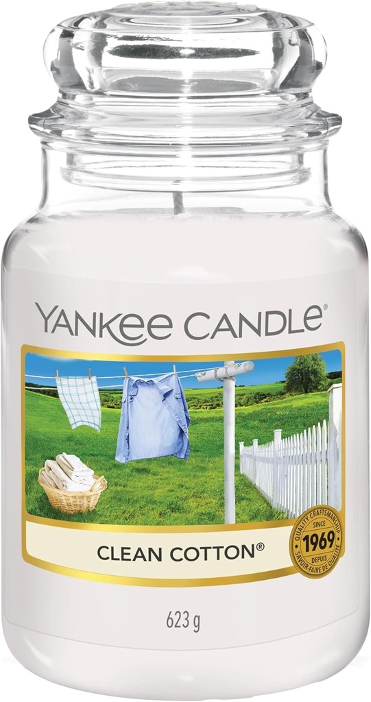 Lumanare parfumata Yankee Candle din bumbac proaspat spalat | Dimensiune borcan | Lumanare de lunga durata, cu o durata de ardere de pana la 150 de ore | Cadouri pentru femei