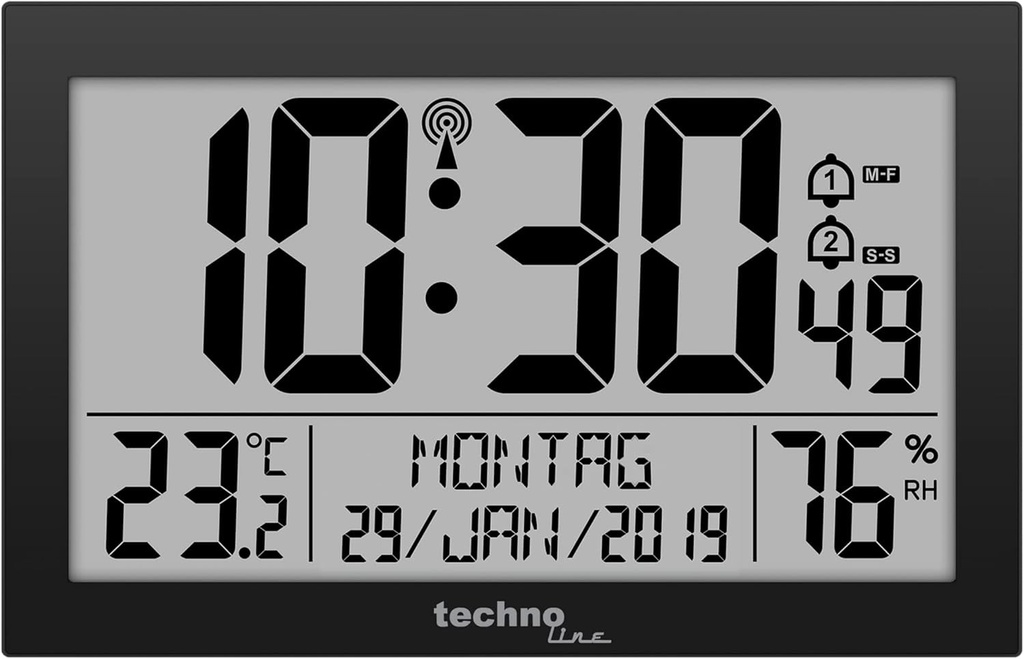 Technoline 8016 WS8016 Ceas de perete radiocomandat cu afisaj de temperatura, Plastic, Negru, 225 x 143 x 24 mm, WS8016 Negru, 225 x 24 x 143 mm