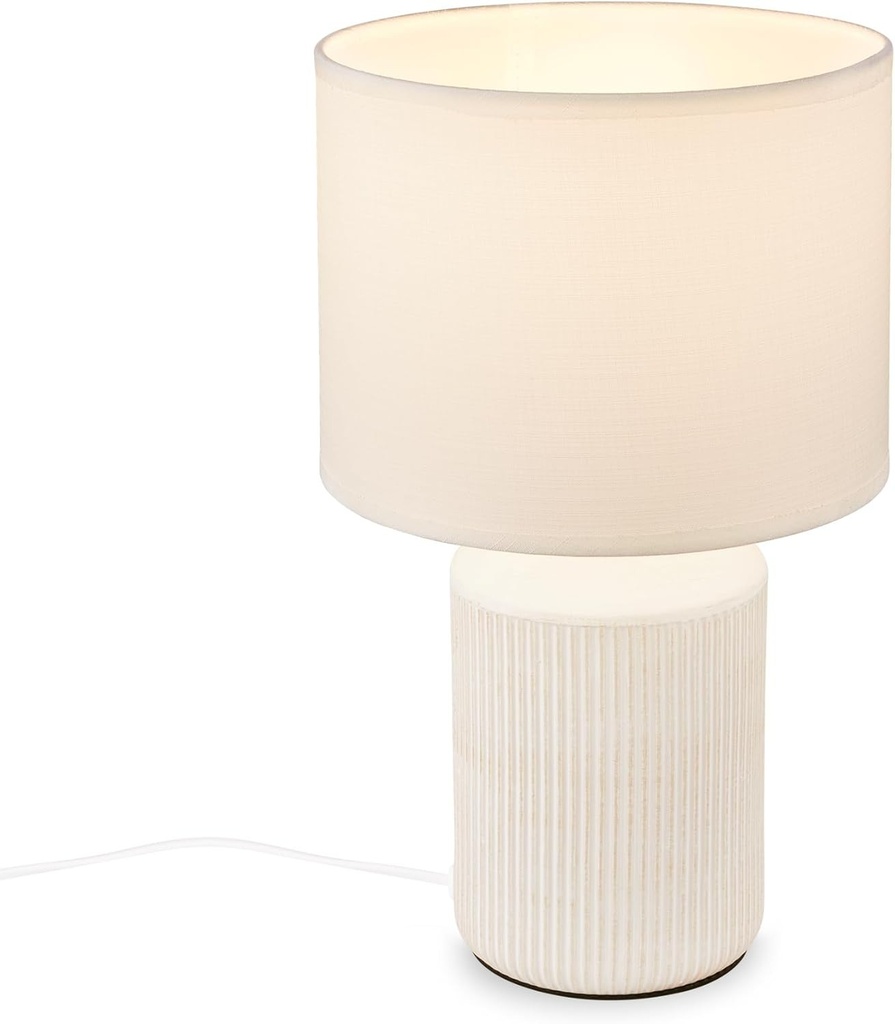 BRILONER - Lampa de masa cu abajur din material textil, intrerupator prin cablu, baza ceramica, lampa, lampa de noptiera, lampa de masa, lampa decorativa pentru hol, lampa de birou, lampa de citit, living, dormitor, 22x37,5 cm (AxI), Alb