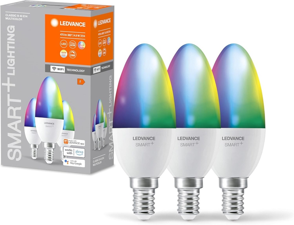 Bec LED inteligent LEDVANCE cu tehnologie WiFi, soclu E14, reglabil intensitate, culoare lumina reglabila (2700-6500K), culoare RGB reglabila, inlocuieste becurile incandescente de 40W, SMART+ WiFi Lumanare multicolora, pachet de 3