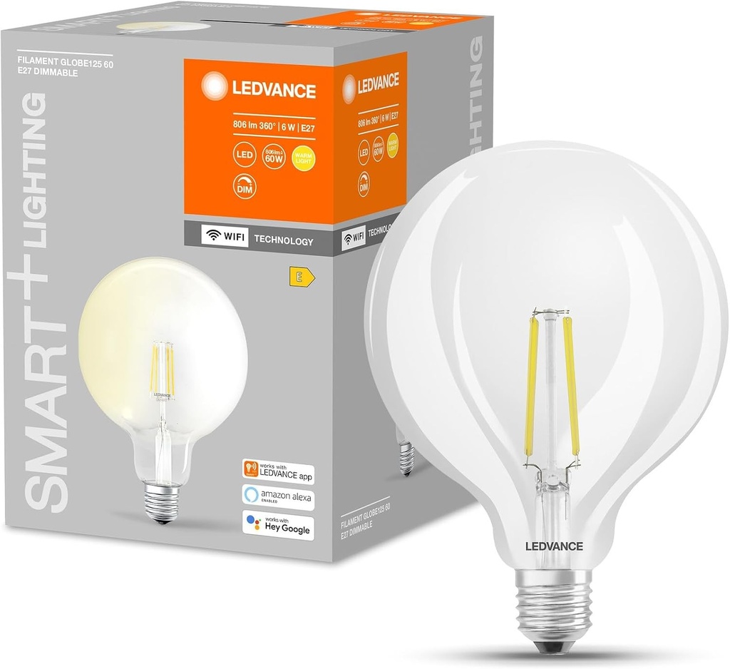 Bec LED inteligent LEDVANCE cu tehnologie WiFi, soclu E27, reglabil intensitate luminos, alb cald (2400 K), inlocuieste becurile incandescente de 60 W, SMART+ WiFi Globe Edison reglabil, pachet de 1, filament