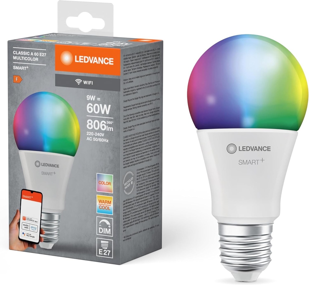 Bec LED LEDVANCE E27, bec Smart Home WiFi cu 9W (806 lumeni) care inlocuieste becul incandescent de 60W, reglabil, culoare lumina RGBW (2700-6500K), compatibil cu Alexa, Google Assistant sau aplicatie, becuri intr-un pachet de 1