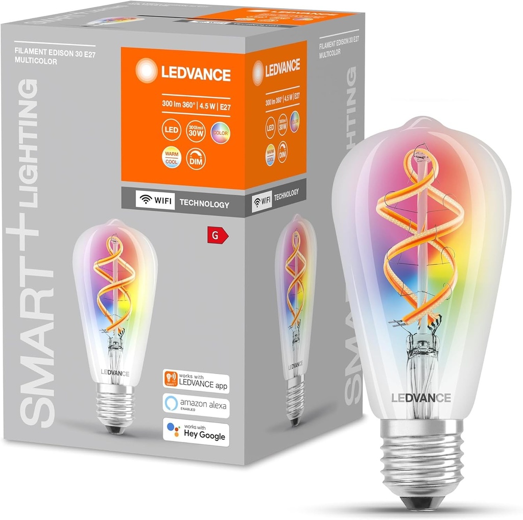 Bec LED inteligent LEDVANCE cu tehnologie Wi-Fi, E27, culori RGB schimbabile, forma Edison, filament colorat pentru iluminare ambientala, inlocuitor pentru becurile incandescente conventionale de 60W, controlabil cu Alexa, Google si aplicatie
