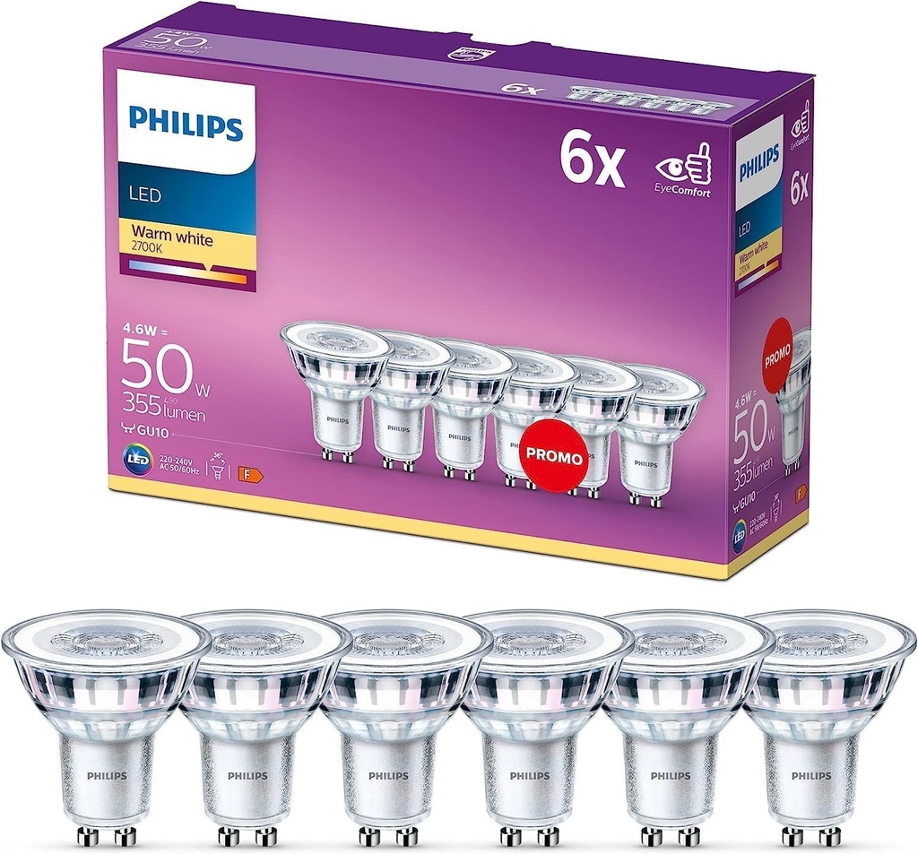 Bec LED Philips, sticla, transparent, 6 bucati