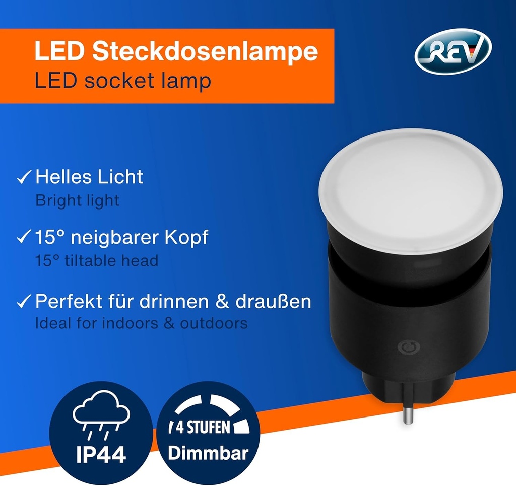 Lampa cu priza REV - reglabila in 4 trepte, 10W, 850lm, 3000K, lampa cu priza pentru conectarea la prize, prelungitoare si prize multiple, antracit