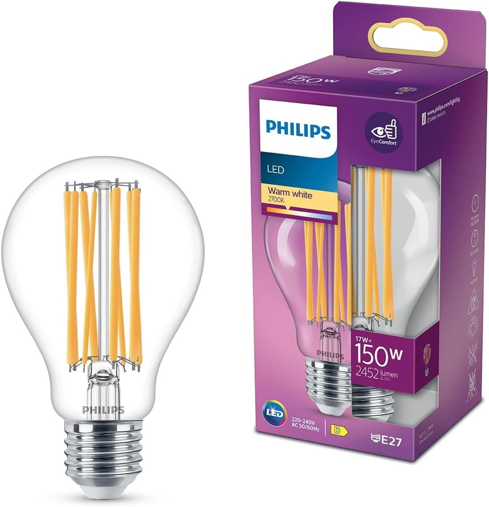 Philips - Bec LED din sticla echivalent 150W, standard E27, lumina alba calda 2700 Kelvin, transparent, fara reglare intensitatii luminoase