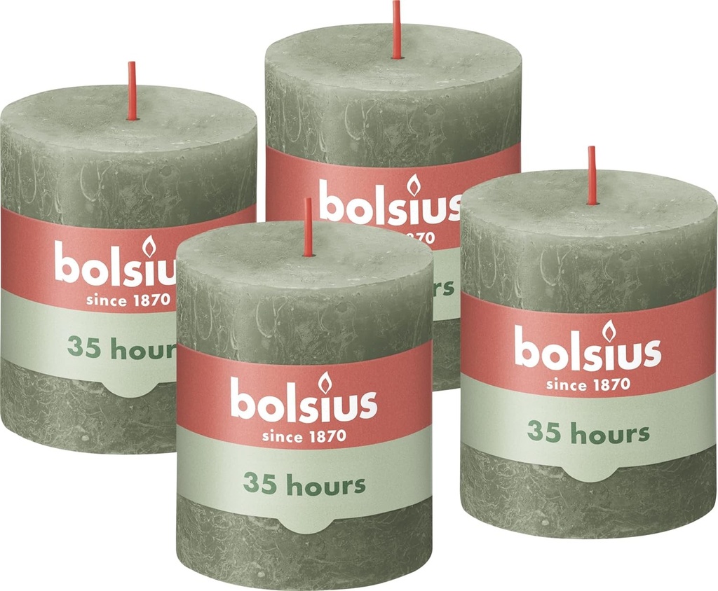 Lumanari rustice Bolsius - Verde - 4 bucati - 8 x 7 cm - Lumanari decorative de uz casnic - Timp de ardere 35 de ore - Fara parfum - Ceara naturala din plante - Fara ulei de palmier
