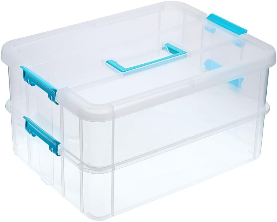 IGNPION Cutie de depozitare transparenta, stivuibila, cu 2 niveluri, cu maner de transport, multifunctionala pentru oja, ajutor educational, accesorii de cusut
