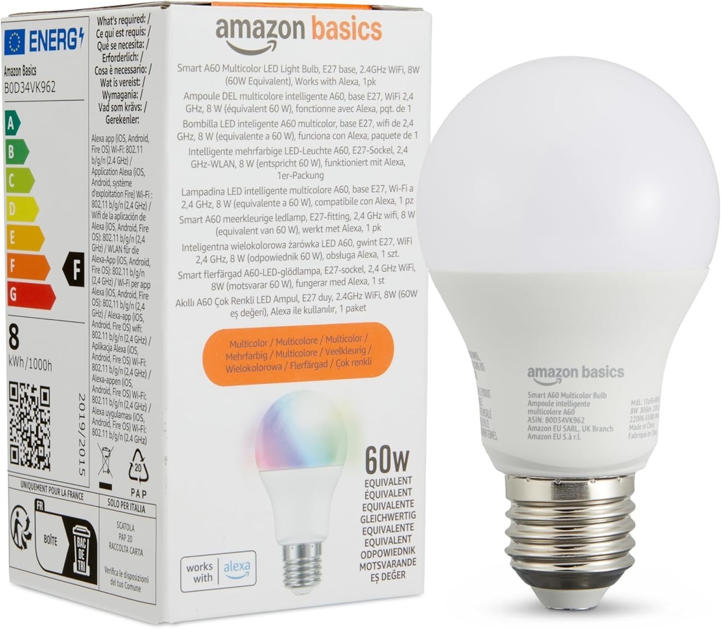 Bec LED inteligent Amazon Basics, cu schimbare de culoare, E27, 8W (echivalent cu 60W), functioneaza doar cu Alexa, 1 bucata, multicolor