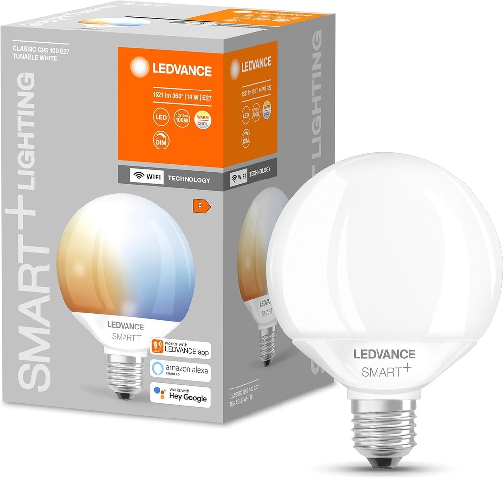Bec LED inteligent LEDVANCE cu tehnologie Wi-Fi, soclu E27, reglabil intensitatea luminii, culoare lumina reglabila (2700-6500K), forma glob, mat, inlocuitor pentru becurile incandescente conventionale de 100W, controlabil cu Alexa, Google si aplicatie