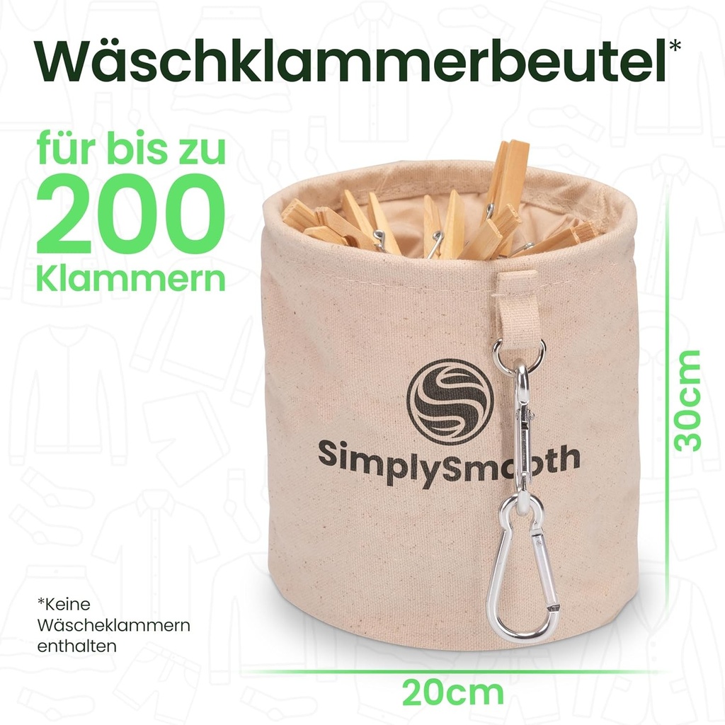 Husa pentru carlige de rufe SimplySmooth XL pentru pana la 200 de carlige de rufe – husa pentru carlige din bumbac 100% cu carabiniere extra-mari pentru agatare – cos pentru carlige de rufe cu inchidere