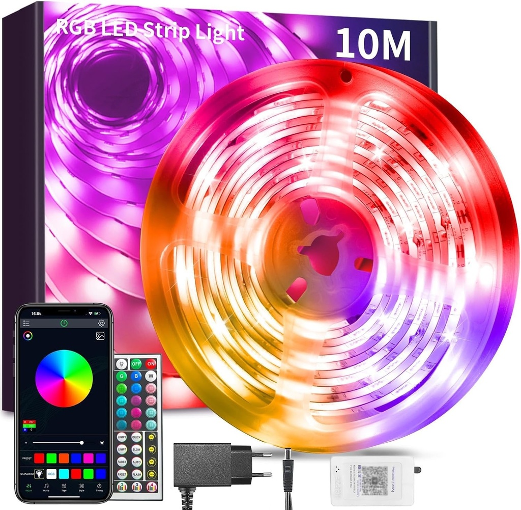Banda luminoasa LED BATHEBRIGHT RGB de 10 m cu telecomanda, Bluetooth, sincronizare muzica, setare temporizator, intensitate reglabila, cu schimbare de culoare, banda luminoasa LED pentru casa si petreceri
