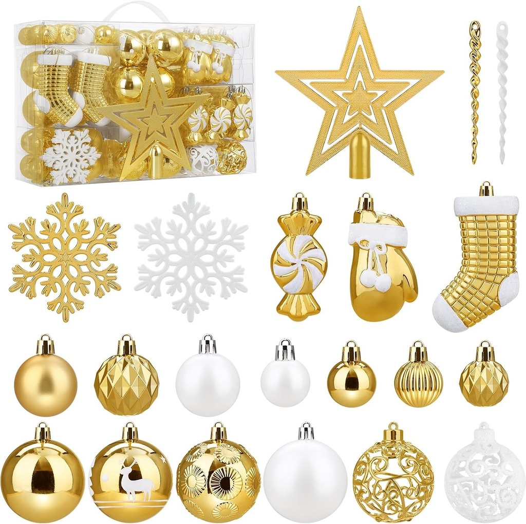 Set SOLEDI® de 128 de globuri de Craciun din plastic alb premium cu varf in forma de stea - Set de decoratiuni pentru bradul de Craciun robust si sigur cu bucle de agatare - Globuri de Craciun colorate, decoratiuni de Craciun reutilizabile
