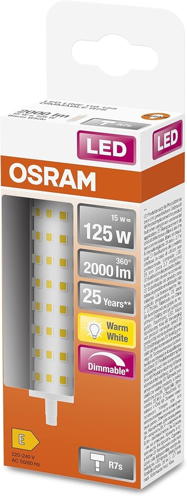 Lampa LED Osram cu stick reglabil, cu soclu R7s, tub LED de 15W, echivalent cu bec incandescent de 125W, alb cald (2700K)
