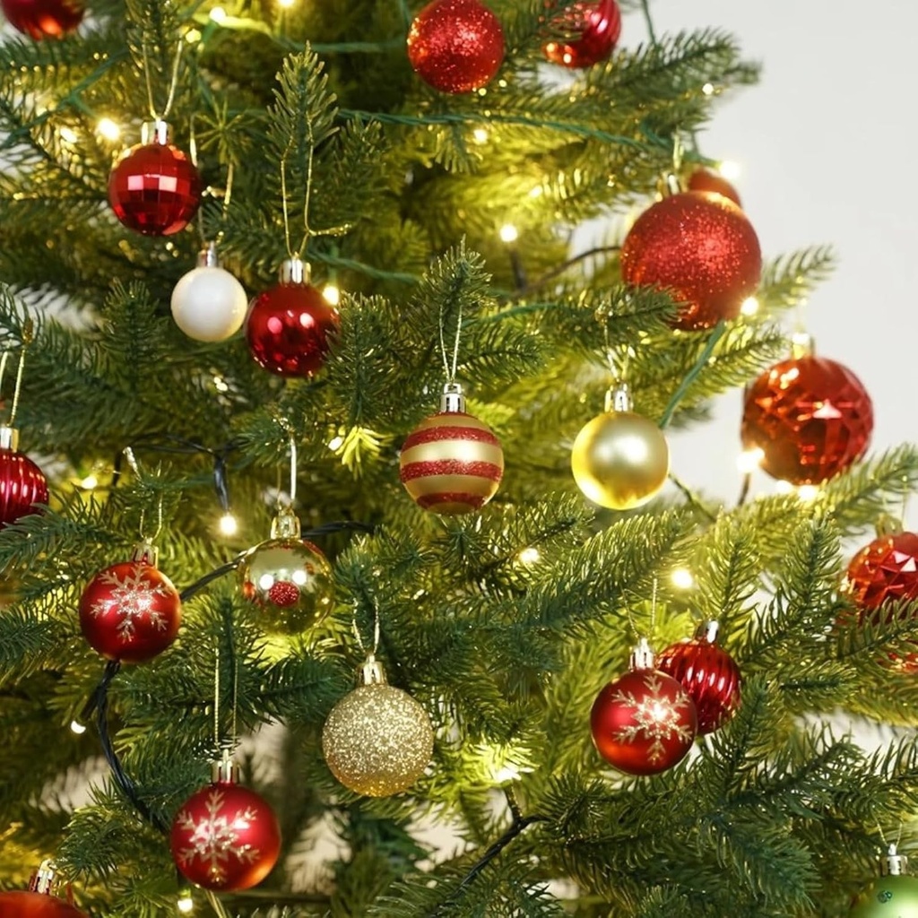 50 de globuri de Craciun din plastic, globuri mici de Craciun de 4 cm, mini ornamente de brad de Craciun rosii si aurii cu snur, decoratiuni pentru brad pentru Craciun si nunti