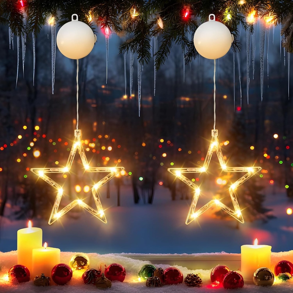 FLSEPAMB Lumini de Craciun cu LED-uri in forma de stele pentru fereastra, 2 bucati, lampi cu stele calde, lumini de Craciun cu ventuze, decoratiuni cu lumini pentru fereastra pentru Craciun
