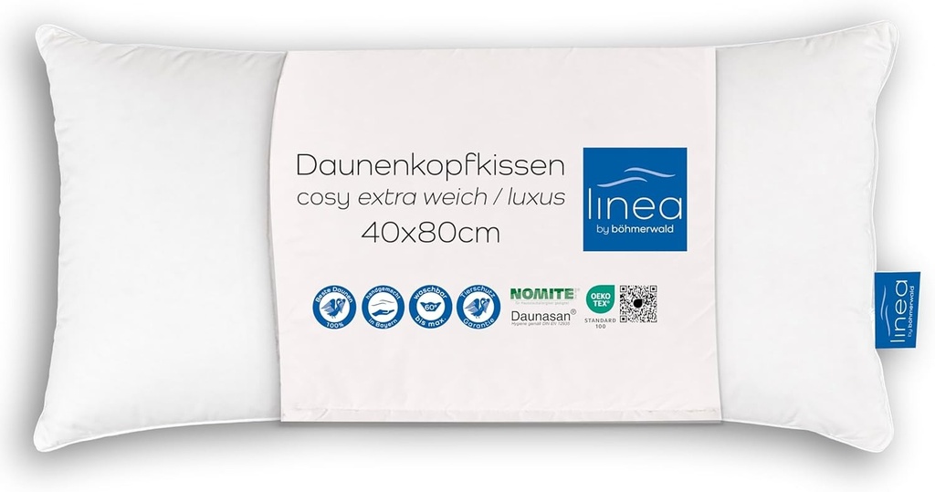 LINEA de Böhmerwald - confortabilă - pernă de lux de înaltă calitate, extra moale, 40x80 cm, 100% puf alb nou, potrivită pentru persoanele alergice, lavabilă până la 60°C, fabricată în Germania