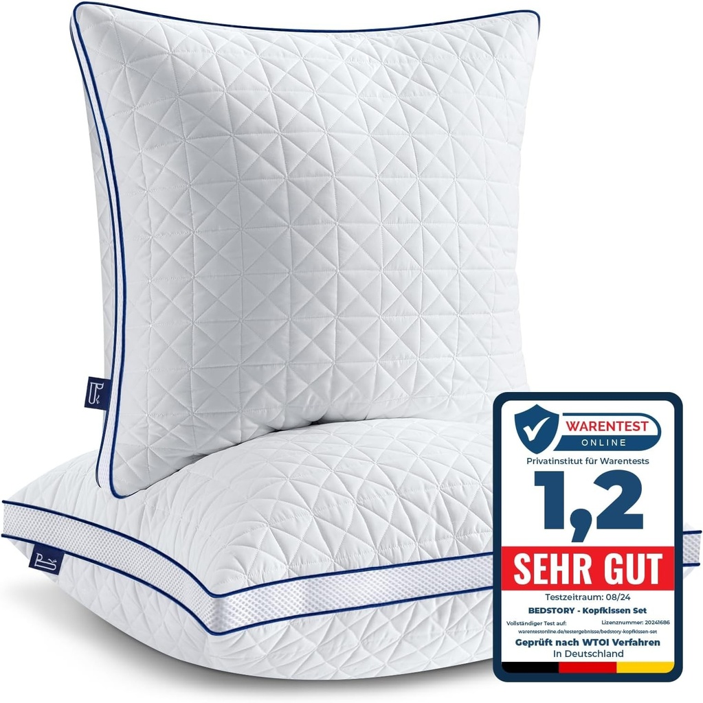 Perne BedStory 80x80, Set de 2 perne 80x80 cu fermoar, 2 perne din microfibră x 1500 g, reglabile pe înălțime, respirabile, lavabile, pentru persoane alergice și care dorm pe o parte, certificate Oeko