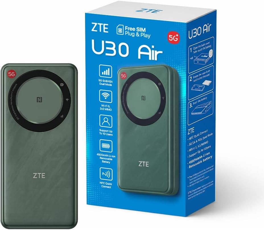 Router de buzunar ZTE U30AIR 5G Wi-Fi - Conectivitate 5G de mare viteză, Wi-Fi dual-band, streaming și jocuri fără întreruperi, configurare ușoară, portabil, suportă mai multe dispozitive