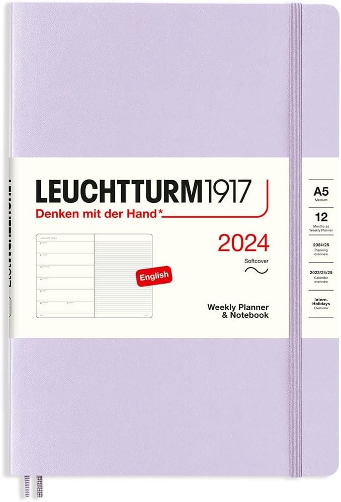 LEUCHTTURM1917 367772 Agenda și caiet săptămânal cu copertă moale, mărime medie (A5), 2024, 12 luni, liliac, engleză