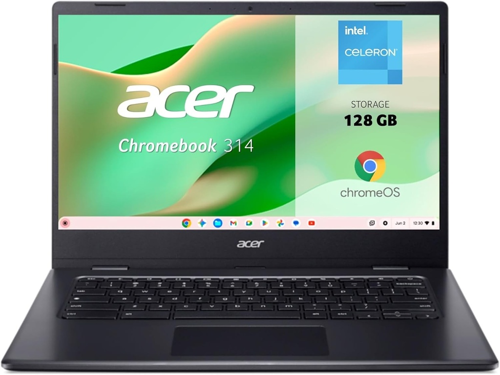 Acer Chromebook CBOA314 - Laptop Google FullHD de 14" (Intel Celeron N4500, 4GB RAM, SSD de 128GB, ChromeOS) Negru, QWERTY + 3 luni de Google AI Pro cu Gemini Pro și 2TB de stocare