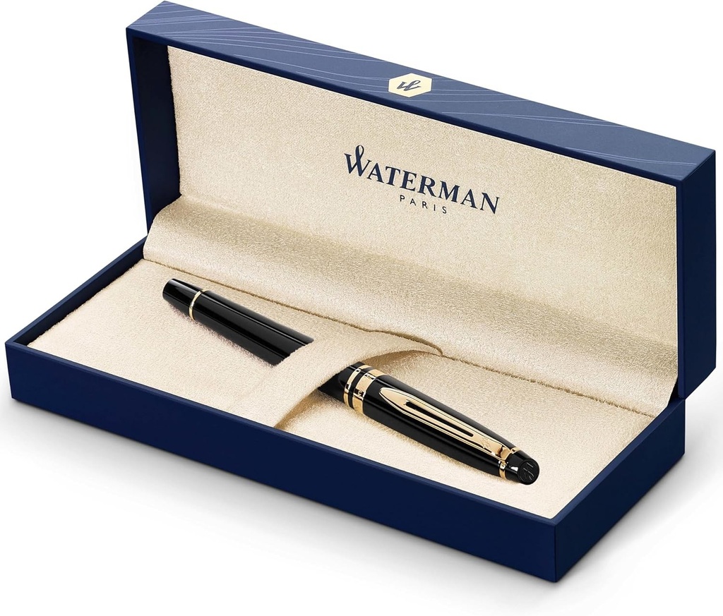 Waterman Expert Roller Negru Lucios cu Detalii Aurii 23K, Vârf Fin, Cutie Cadou