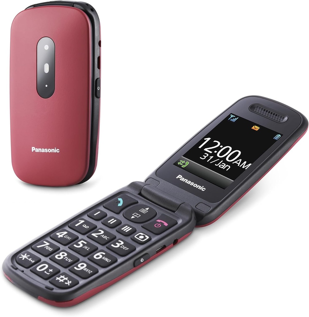 Telefon mobil Panasonic KX-TU446EXR 2G pentru seniori, rezistent la șocuri, cameră, include căști și încărcător, ecran color de 2,4 inci, apel de urgență SOS, roșu