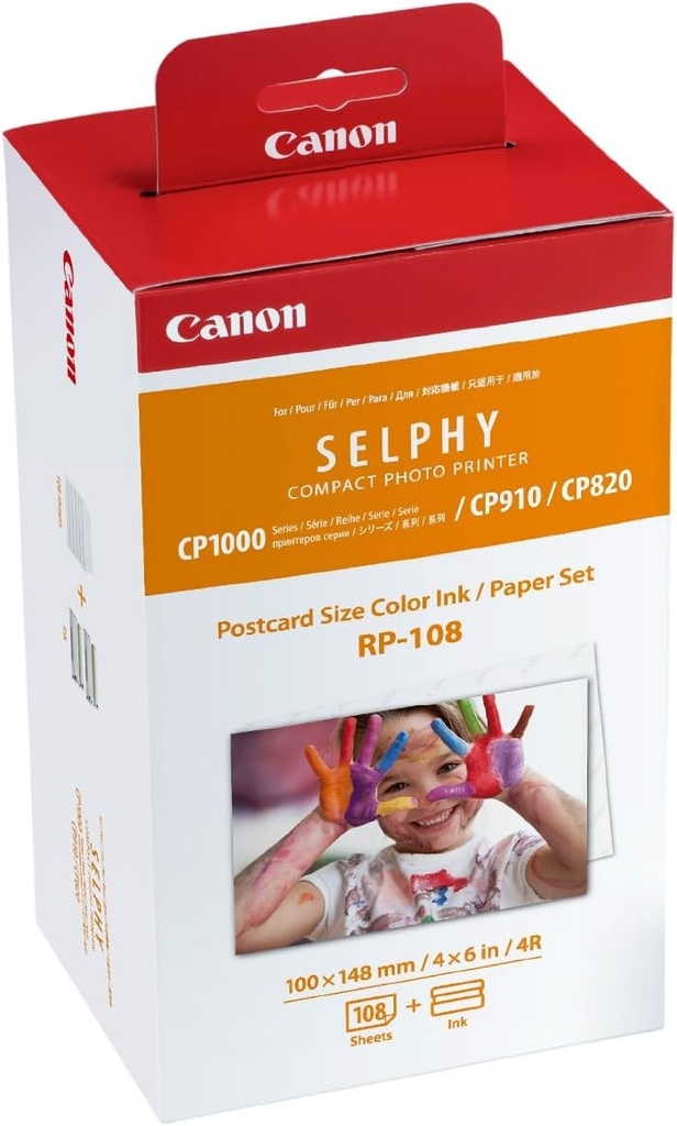 Kit cerneală color Canon RP-108 pentru imprimantă Selphy, format carte poștală (10cm x 14.8cm), produs original Canon, garantat, 108 coli