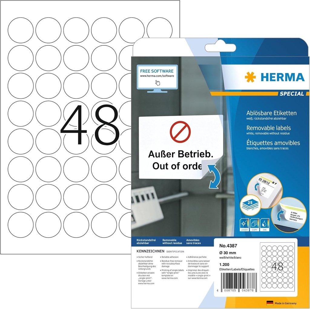 HERMA Special - Etichete autoadezive, dezlipibile, din hârtie mată - Albe - 30 mm rotunde 1200 etichetă(e) (25 coli x 48)