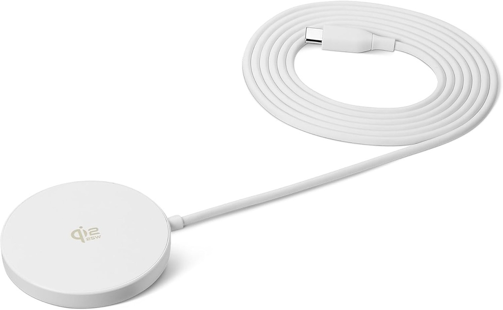 Încărcător wireless Amazon Basics de 25 W cu Qi2.2, compatibil cu MagSafe pentru iPhone 17/16/15/14/13/12, încărcare magnetică pentru smartphone-uri Android și Google, alb (adaptorul nu este inclus)