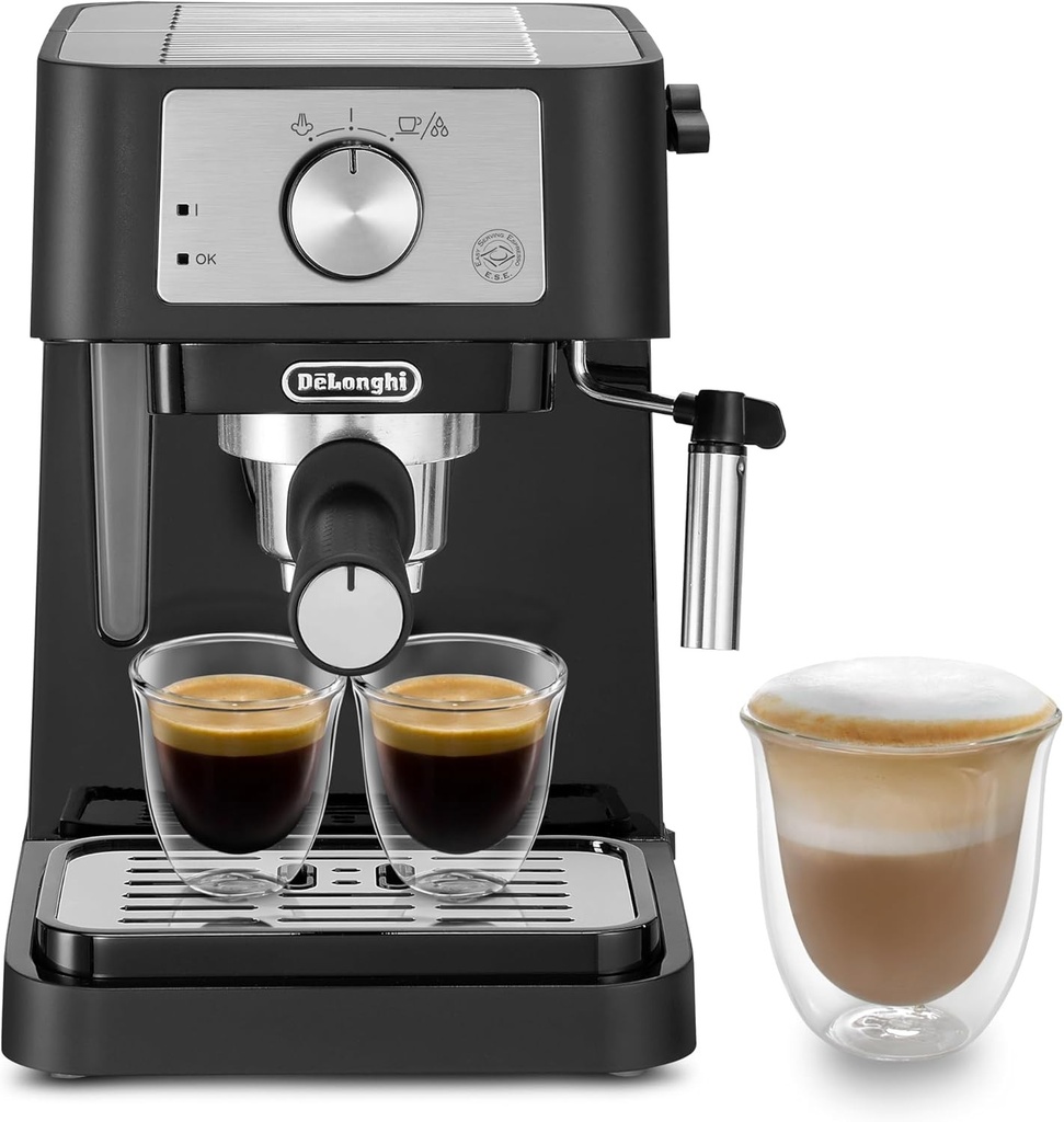 Espressor De'Longhi EC260.BK pentru cafea măcinată sau capsule E.S.E., sistem manual de lapte, ușor de utilizat, rezervor detașabil de 1,1 l, boiler din oțel inoxidabil