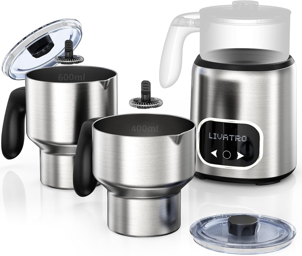 Spumator de lapte electric Livatro, cupe duble (600 ml și 400 ml), spumator de lapte electric, aparat de spălat cu abur automat 14 în 1 pentru lapte, spumă caldă și rece, ciocolată