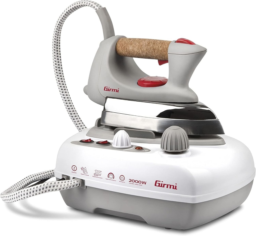 Fier de călcat cu abur profesional Girmi ST03 cu boiler, 2000W, rezervor de 700ml, presiune 2,5-3 bari, placă de aluminiu, mâner din plută, termostat reglabil