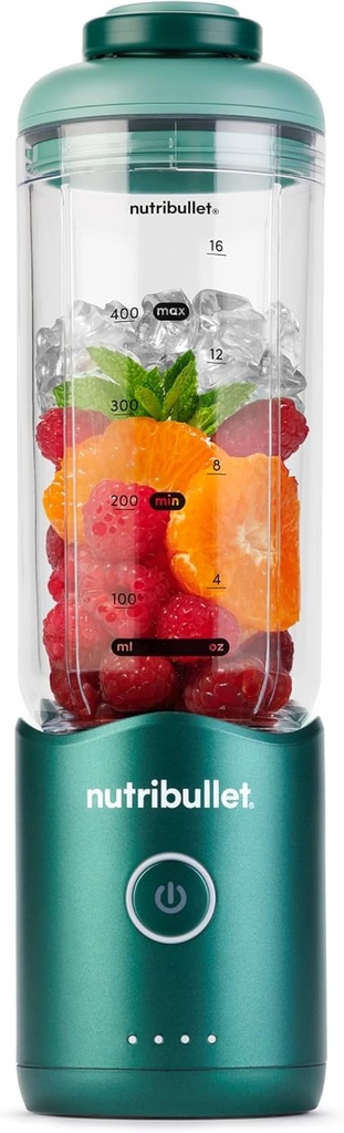 Mini blender Nutribullet Flex 590ml, fără fir, reîncărcabil, cu mâner și capac, tocător, pentru smoothie-uri și shake-uri, zdrobește gheața și fructele congelate, verde (NBP013GR)