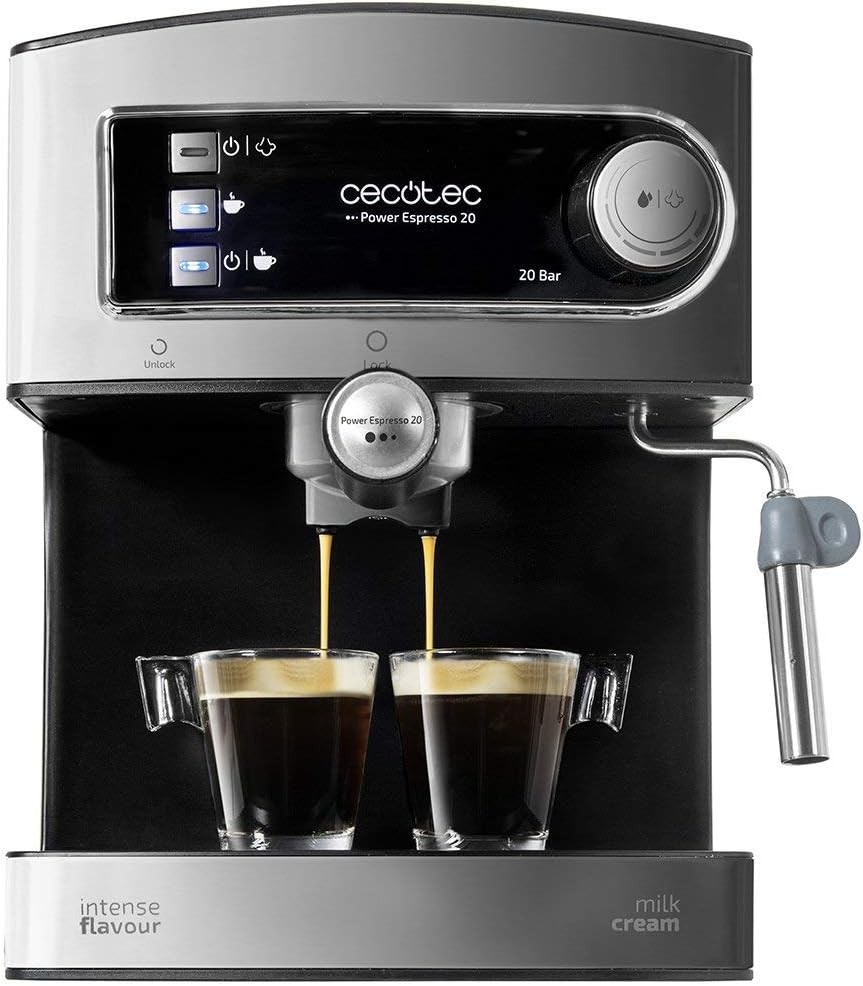 Espressor Cecotec Power Espresso 20, 850 W, presiune 20 bar, rezervor 1,6 l, ieșire cu braț dublu, vaporizator, suprafață caldă a ceștii, finisaj din oțel inoxidabil