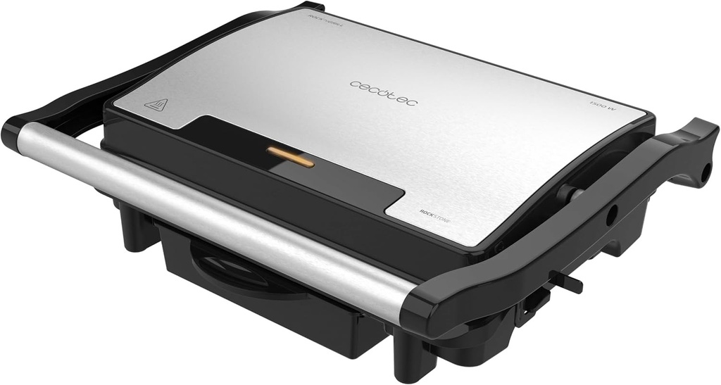 Grătar și prăjitor de pâine electric Cecotec Rock'nGrill Rapid. 1500W, suprafață 24,5 x 17,3 cm, înveliș RockStone, placă superioară reglabilă, tavă de scurgere.