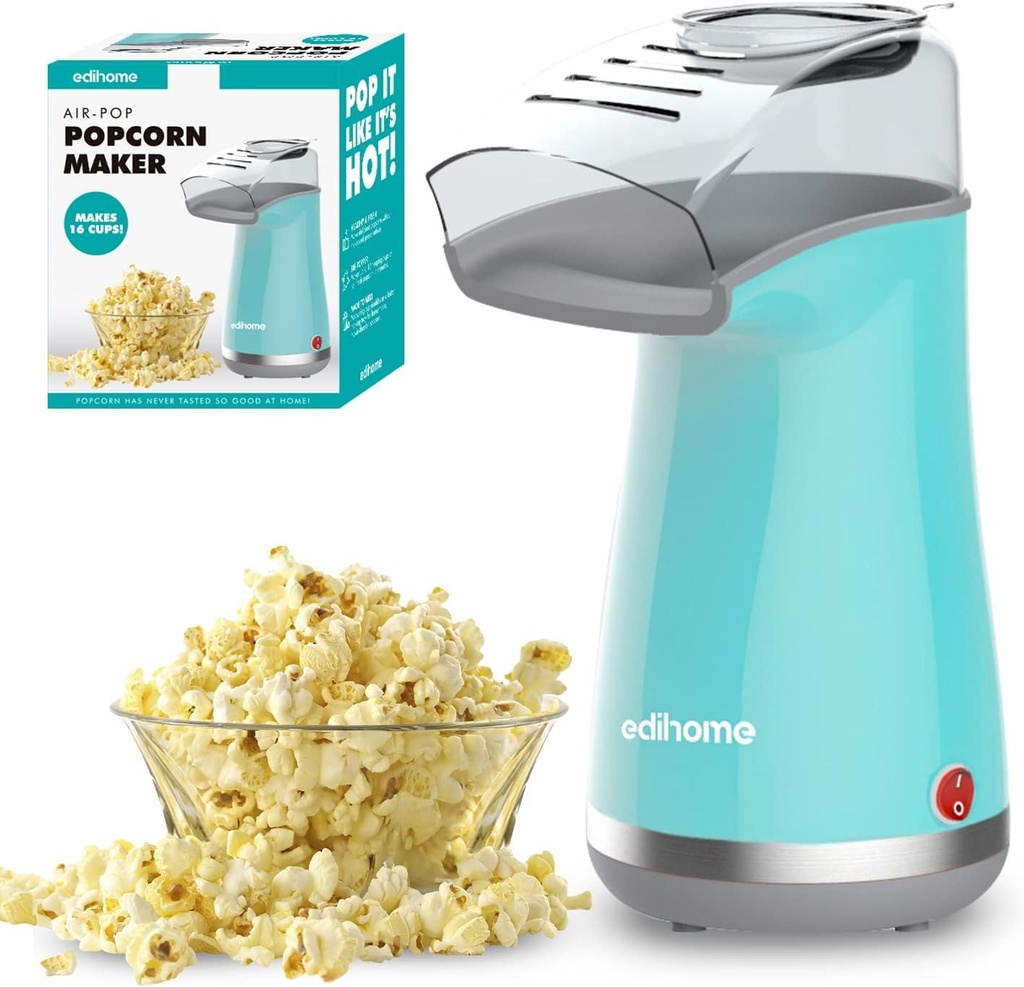 Aparat de popcorn Edihome, aparat de popcorn de 1200 W, include lingură de măsurat, popcorn gata în 2 minute (albastru)