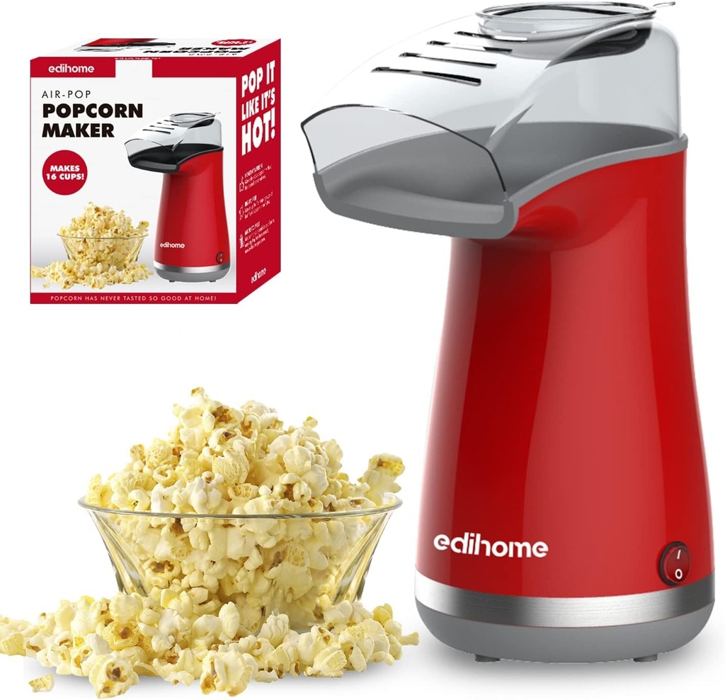 Aparat de popcorn Edihome, aparat de popcorn de 1200 W, include lingură de măsurat, popcorn gata în 2 minute (roșu)