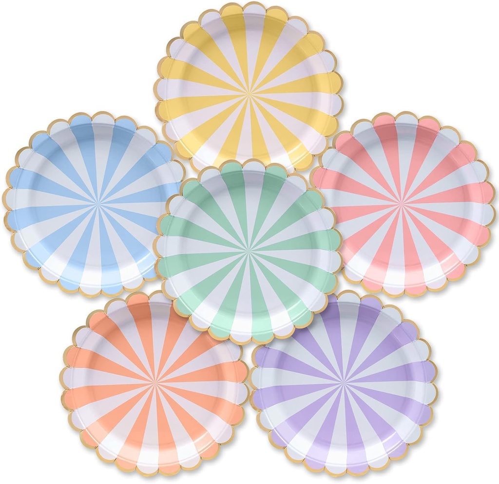 Farfurii de hârtie Confettiville Art, pachet de 50, farfurii de hârtie de unică folosință, margine festonată cu foiță de aur, dungi pastelate, 6 culori, 23 cm