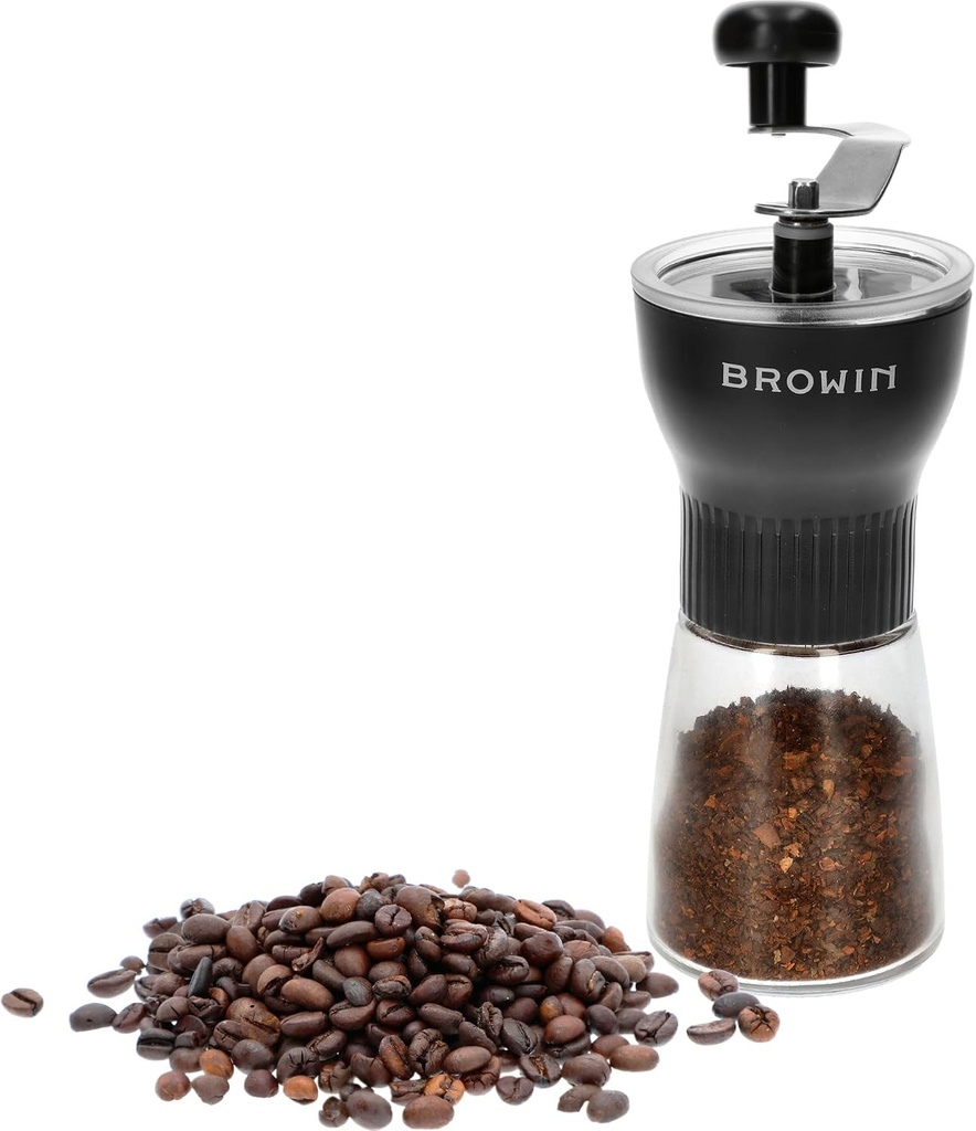 Râșniță manuală de cafea BROWIN® 320500 cu bavură ceramică reglabilă | Neagră | Transparentă