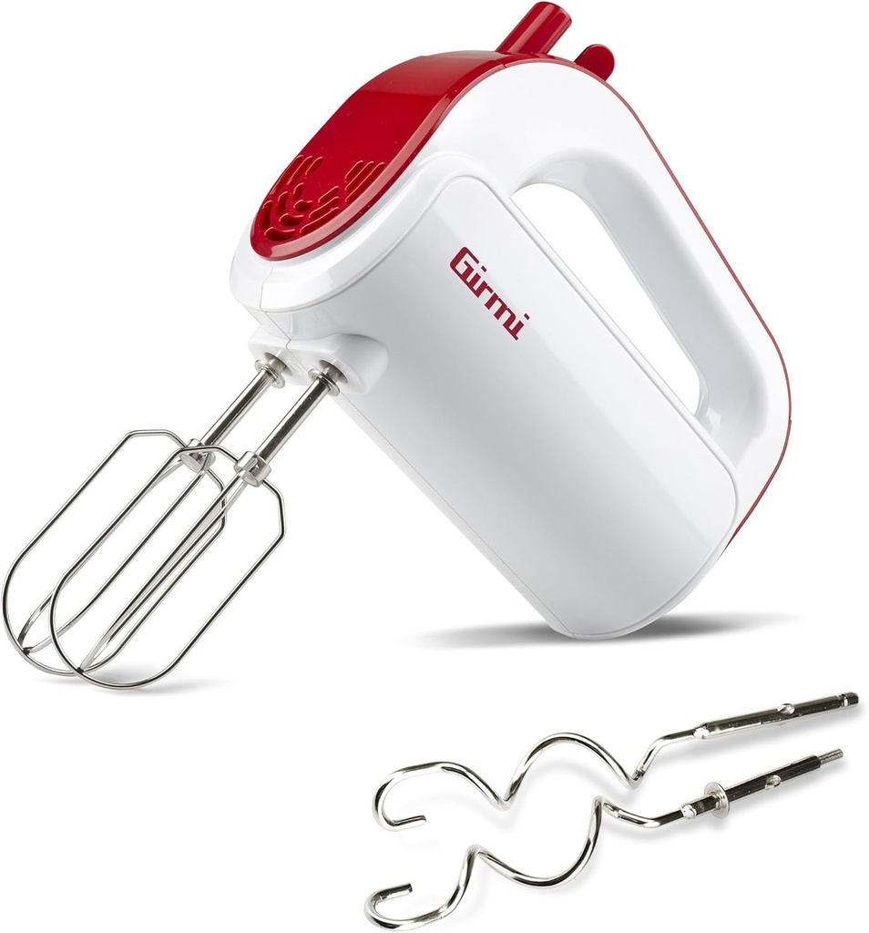 Mixer electric Girmi SB02, 170W, teluri din oțel inoxidabil pentru frișcă și albușuri, funcție Turbo, cârlige din oțel inoxidabil pentru aluat dulce și sărat, 5 viteze, alb/roșu