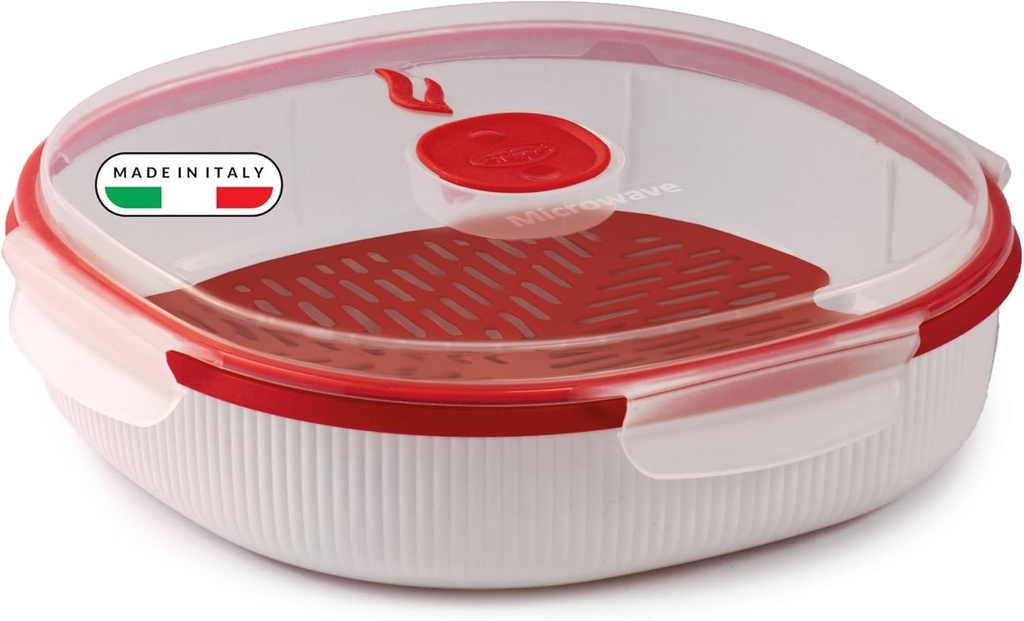 Snips – Vas pentru gătit la abur în cuptorul cu microunde, cu un nivel și grătar interior; recipient din plastic pentru alimente, compatibil cu cuptorul cu microunde, frigiderul și mașina de spălat vase; 24,5 x 24,5 x 7 cm; fabricat în Italia; capacitate 2 l.