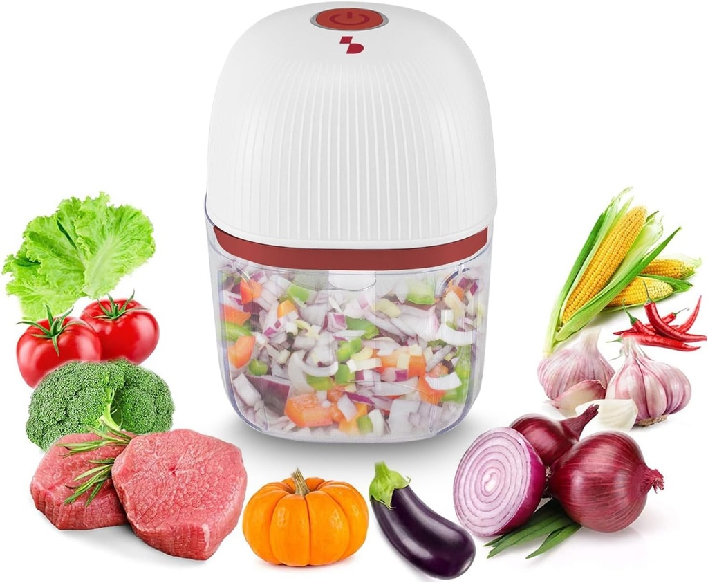 BEPER P102ROB051 Mini tocător reîncărcabil, tocător fără fir de 350 ml cu 3 lame din oțel inoxidabil, USB inclus, roșu/alb