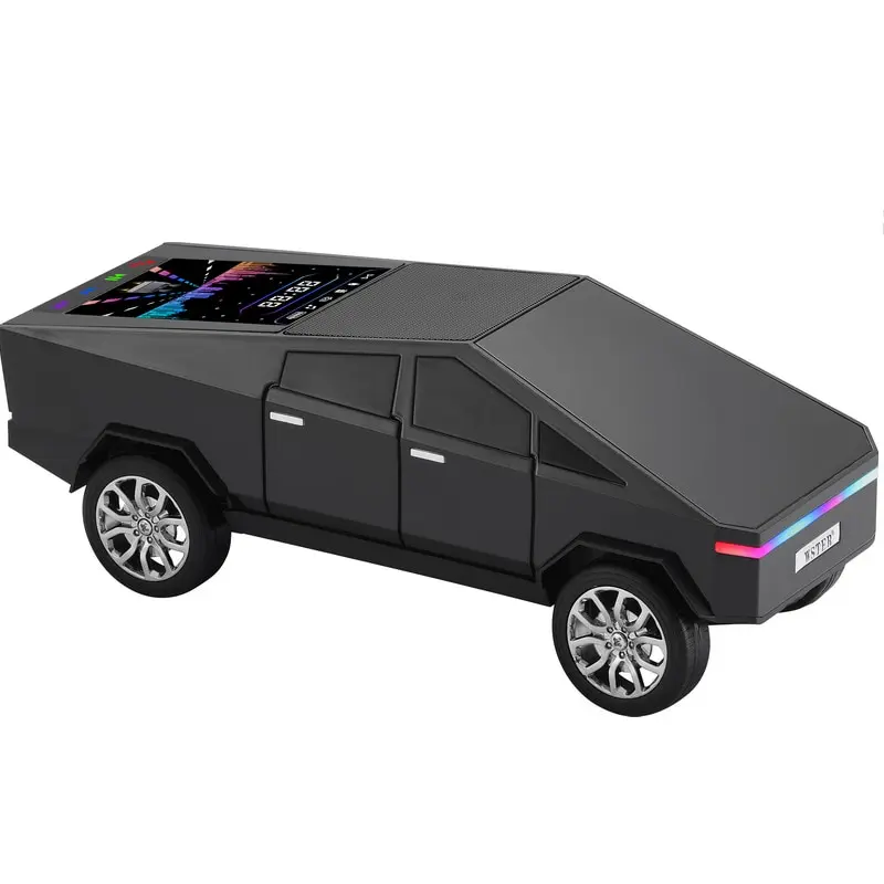 Boxa bluetooth wireless 15W design masina neagra Cybertruck, display touchscreen color, lumini LED RGB, 30cm