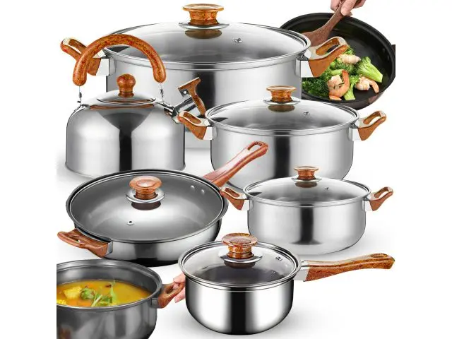 Set de vase de gătit cu 12 piese și ibric cu fluierat | Set de oale | Cratițe | Oale cu capace de sticlă | Argint, oțel inoxidabil 