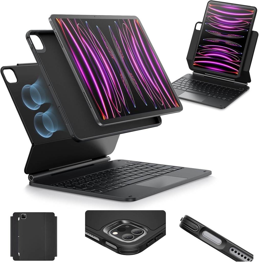 Husă cu tastatură magnetică ESR, Husă cu tastatură pentru iPad Pro 12.9 2022, Suport magnetic, Moduri de vizualizare portret/ridicat, Taste luminoase elastice, Trackpad multi-touch, Seria Rebound, Antracit