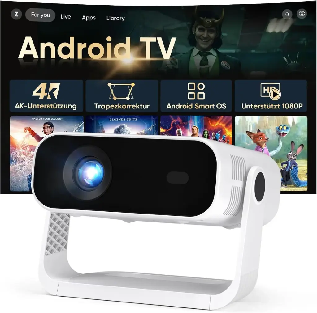 Proiector mini inteligent 2026 cu aplicație integrată, Android 14, suportă decodare 1080P și 4K, 20000 lumeni, corecție automată a trapezului, WiFi6 și BT5.2, proiector home theater 4K pentru telefon mobil/HDMI/PC